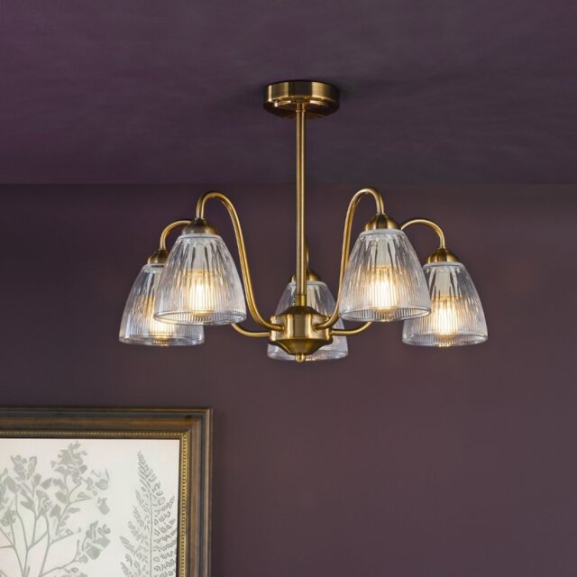 Dar Lighting Glynis 5 Light Semi Flush Ceiling Light In Brushed Bronze With Ribbed Glass
