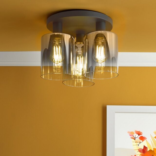 Dar Lighting Savannah 3 Light Flush Ceiling Light In Matt Black With Smoked Glass SAV5322