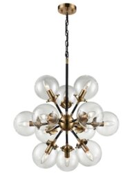 Franklite Reaction FL2370/12 12 Light Ceiling Light In Matt Black/Gold With Clear Glass Spheres