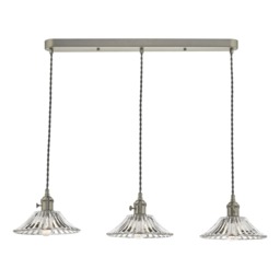 Dar Lighting Hadano 3 Light Bar Ceiling Pendant Light In Antique Chrome With Ribbed Glass Shades