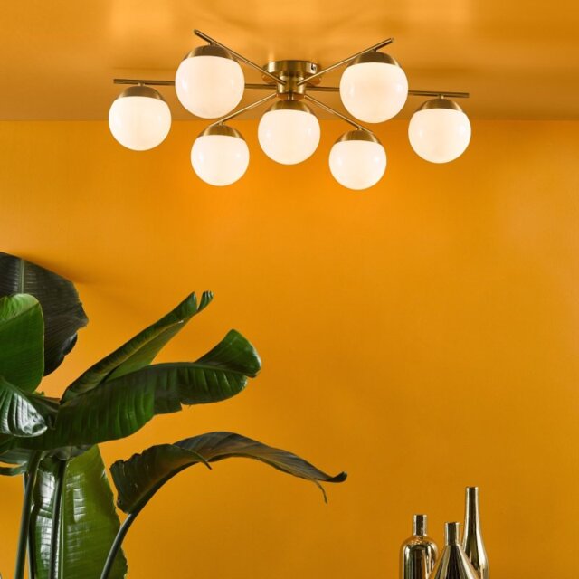 Dar Lighting Bombazine 7 Light Semi Flush Ceiling Light In Natural Brass With Opal Glass