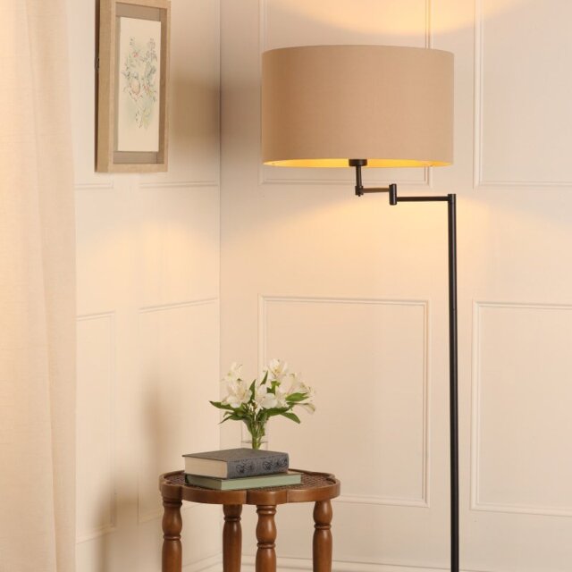 Laura Ashley Marlowe Floor Lamp In Matt Black With Natural Linen Shade