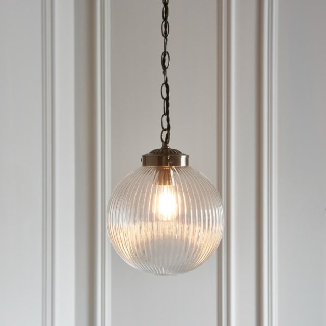 Endon 71123 Brydon 1 Light Ceiling Pendant In Clear Ribbed Glass And Antique Brass - Diameter: 250mm