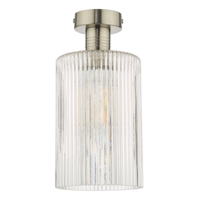 Dar Lighting Emerson Semi Flush Ceiling Light In Antique Chrome With Cylinder Ribbed Glass EME4861-E01
