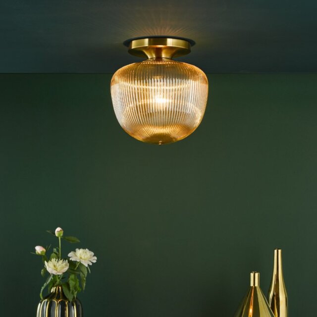 Dar Lighting Abrielle Ceiling Flush Light In Brushed Bronze With Amber Ribbed Glass
