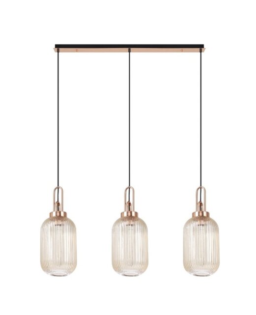 Glenn 3 Light Tubular Linear Pendant in Copper With Champagne Ribbed Glass