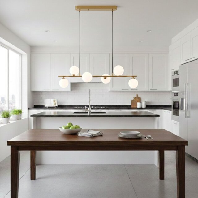 Firstlight 6912BB Lando 6 Light Bar Ceiling Pendant Light In Brushed Brass Finish With Opal White Glass