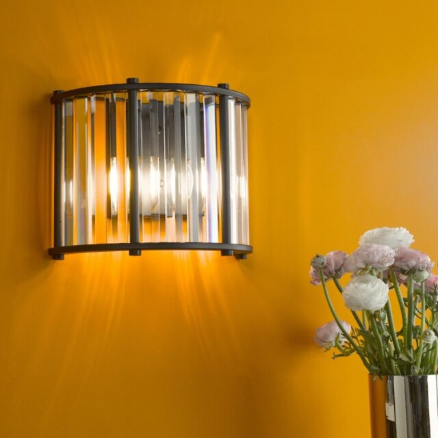 Dar Lighting Kiran 2 Light Glass Wall Light In Satin Black Finish KIR0922