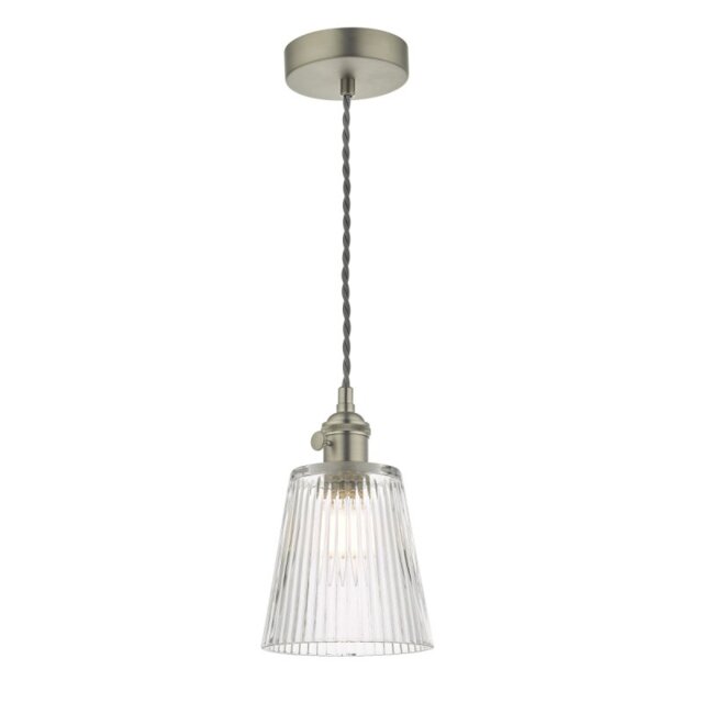 Dar Lighting Hadano Single Ceiling Pendant Light In Antique Chrome With Ribbed Glass Shade