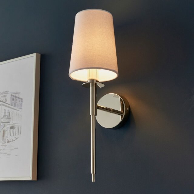 Classic 1 Light Wall Light in Bright Nickel With Vintage White Shade