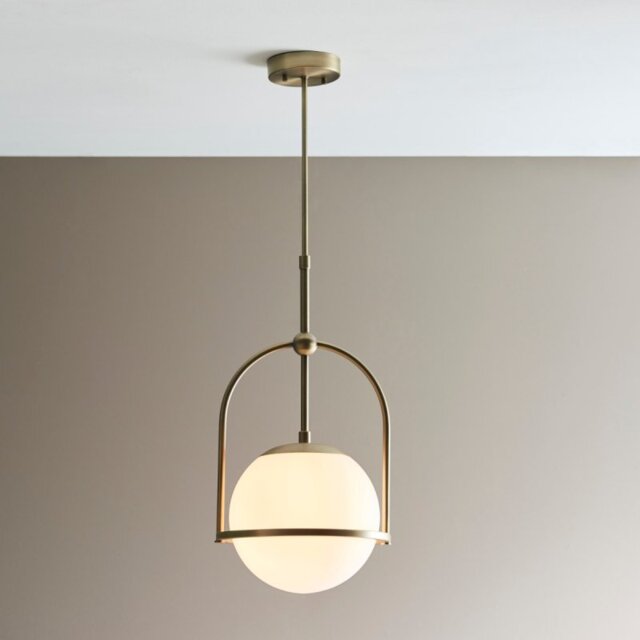 Orio 1 Light Ceiling Pendant Light In Matt Antique Brass With Opal Glass