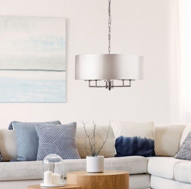 Searchlight Kingsbridge 5 Light Ceiling Light, Satin Silver With Silver Faux Silk Shade
