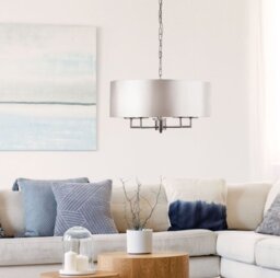 Searchlight Kingsbridge 5 Light Ceiling Light, Satin Silver With Silver Faux Silk Shade