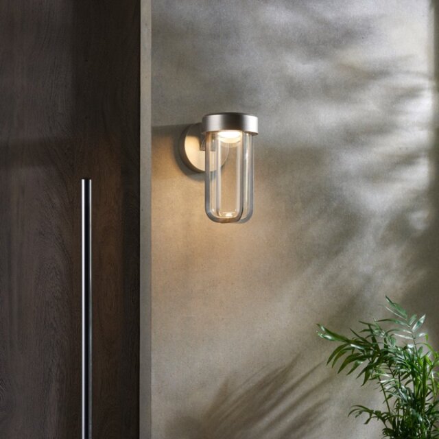 Contemporary Single LED Wall Light In Brushed Silver And Clear Glass IP44