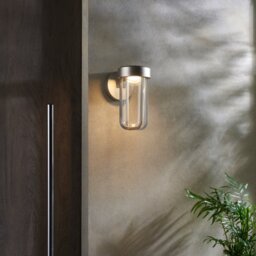 Contemporary Single LED Wall Light In Brushed Silver And Clear Glass IP44