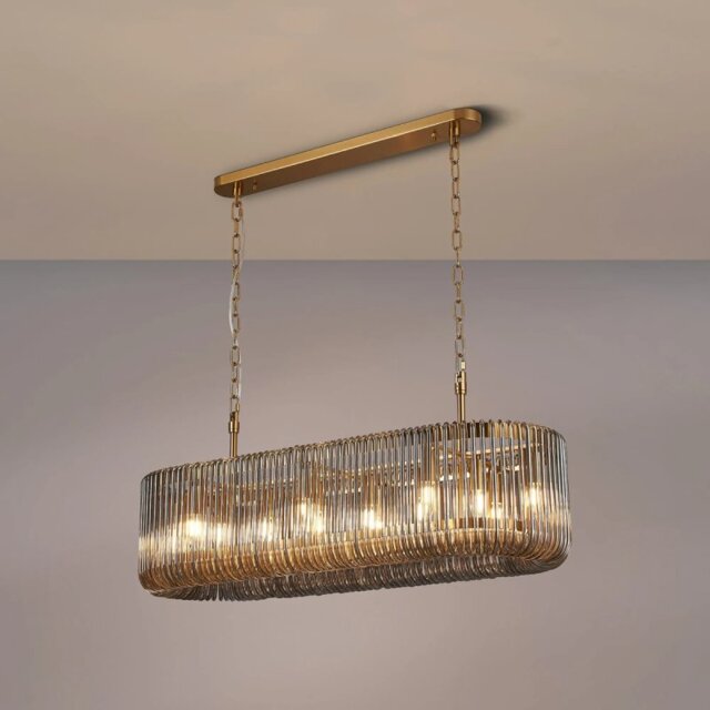 Verne 100 x 35 cm Oval Linear Ceiling Pendant Light In Brass Finish With Smoked Glass