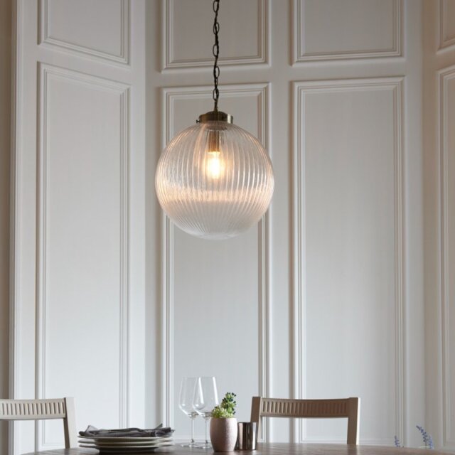 Endon 71124 Brydon 1 Light Ceiling Pendant In Ribbed Glass And Antique Brass - Large- Diameter: 350mm