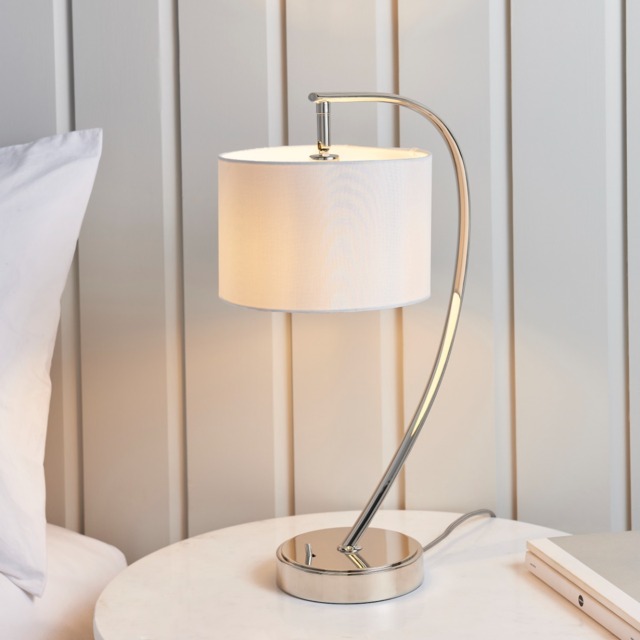 Endon 72389 Josephine 1 Light Table Lamp In Bright Nickel Plate With White Fabric Shade