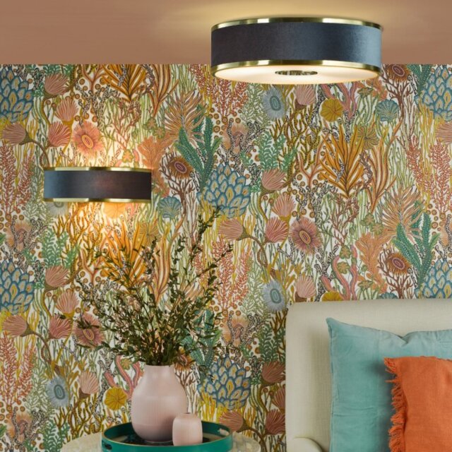 Dar Lighting Alvaro 3 Light Flush Ceiling Light In Brushed Brass With Blue Shade