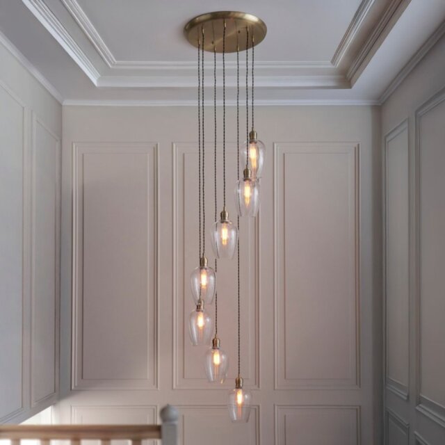 Camden 7 Light Cascade Ceiling Pendant Light In Antique Brass With Clear Glass Shades
