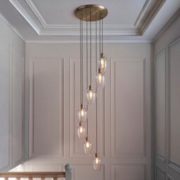 Camden 7 Light Cascade Ceiling Pendant Light In Antique Brass With Clear Glass Shades