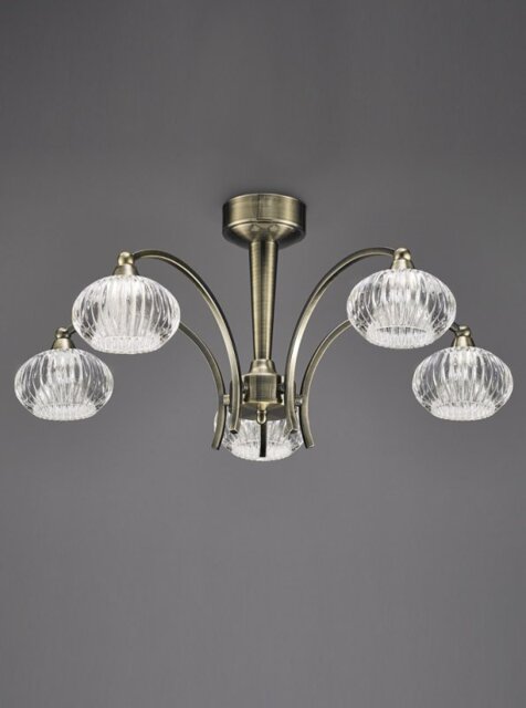FL2336/5 Ripple 5 Light Ceiling Pendant In Bronze With Clear Ribbed Glass Shades
