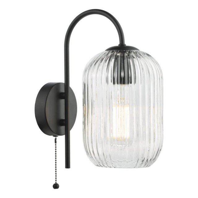 Dar Lighting Idra Wall Light In Matt Black Finish With Ribbed Glass Shade