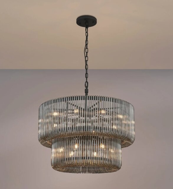 Verne 78 cm 2 Tier Pendant / Semi Flush Light In Black Finish With Smoked Glass
