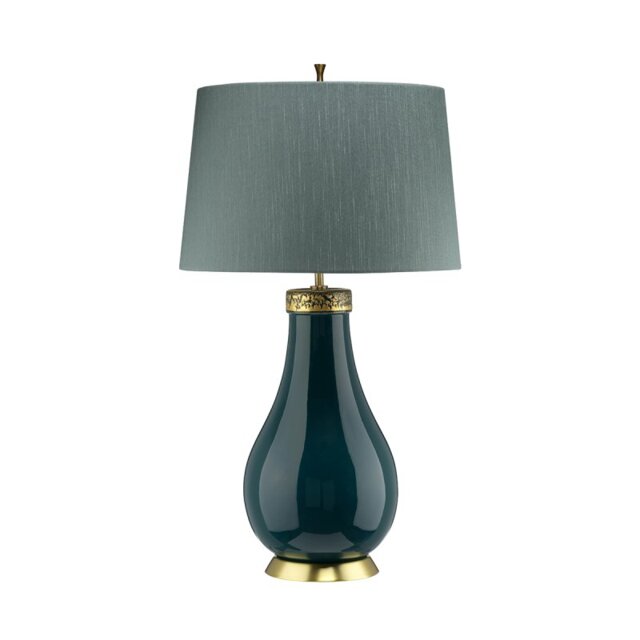 Quintiesse QN-HAVERING-TL Havering Azure Turquoise Table Lamp With Green Faux Silk Shade