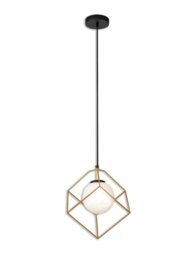 Cage 1 Light Ceiling Pendant in Matt Black And Gold Finish With Frosted Glass 