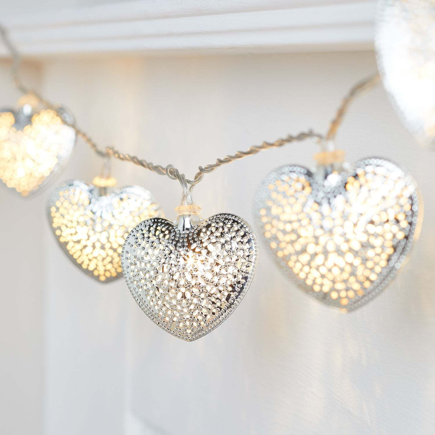 20 Silver Filigree Heart Fairy Lights - image 1