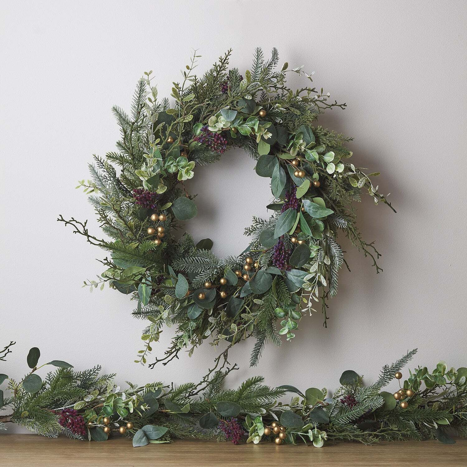Eucalyptus, Pine & Gold Berry Christmas Wreath and Garland - image 1