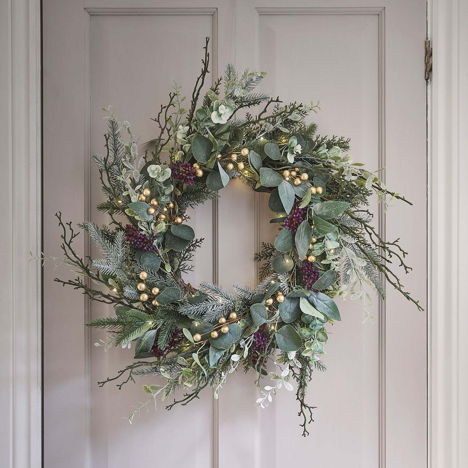 45cm Pre Lit Eucalyptus, Pine & Gold Berry Christmas Wreath - image 1