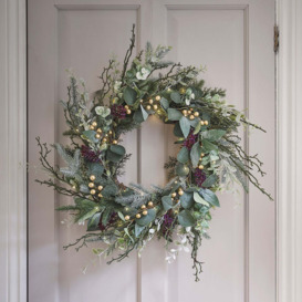 45cm Pre Lit Eucalyptus, Pine & Gold Berry Christmas Wreath - thumbnail 1
