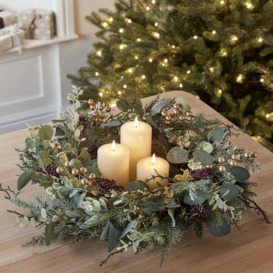 45cm Eucalyptus, Pine & Gold Berry Christmas Wreath & TruGlow® LED Candle Bundle