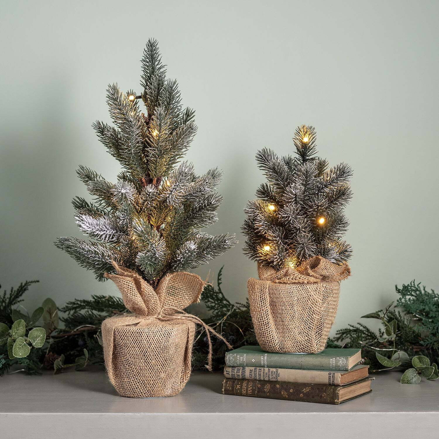 Set of 2 Pre Lit Frosted Mini Christmas Tree - image 1