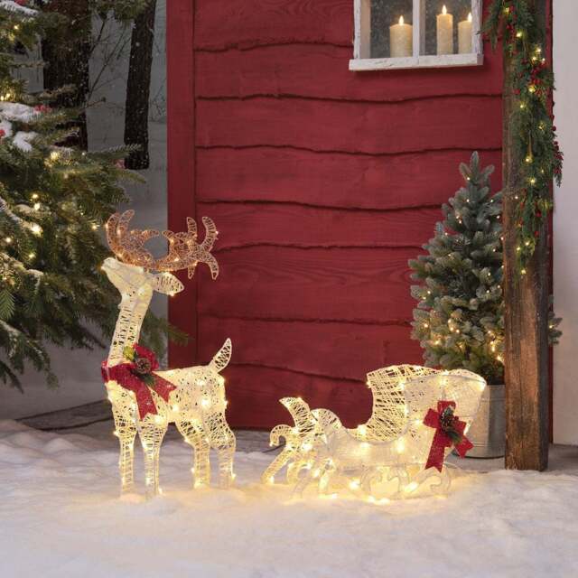 70cm Harewood White Spun Cotton Light Up Reindeer & Sleigh - image 1