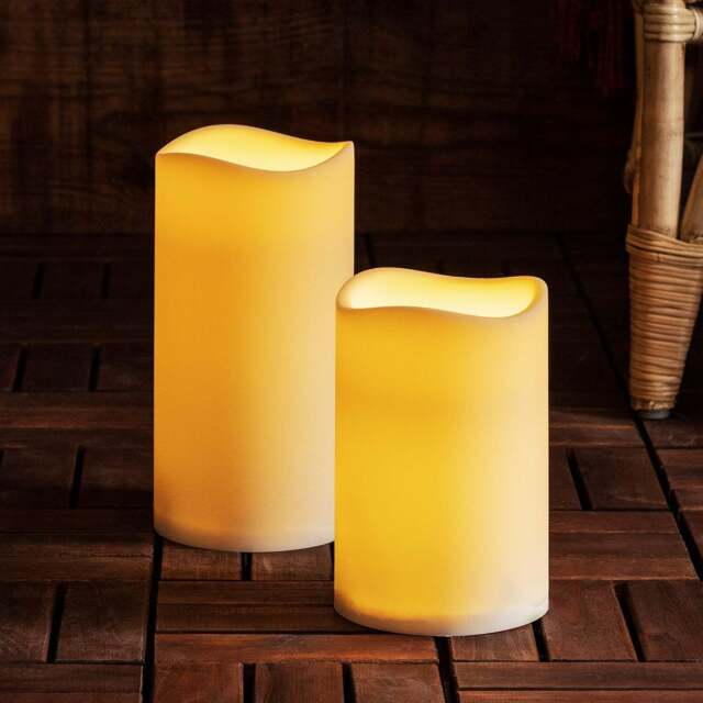 Set of 2 Large Outdoor Waterproof Flameless LED Pillar Candles Battery Operated with Timer - image 1