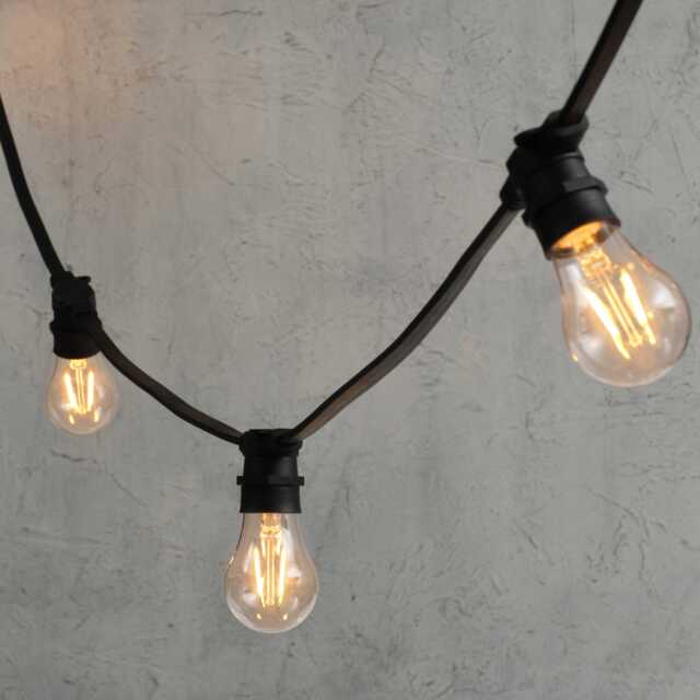 Plus Connect 15m 30 Warm White Connectable Festoon Lights A60 Bulb Clear Cap Black Cable