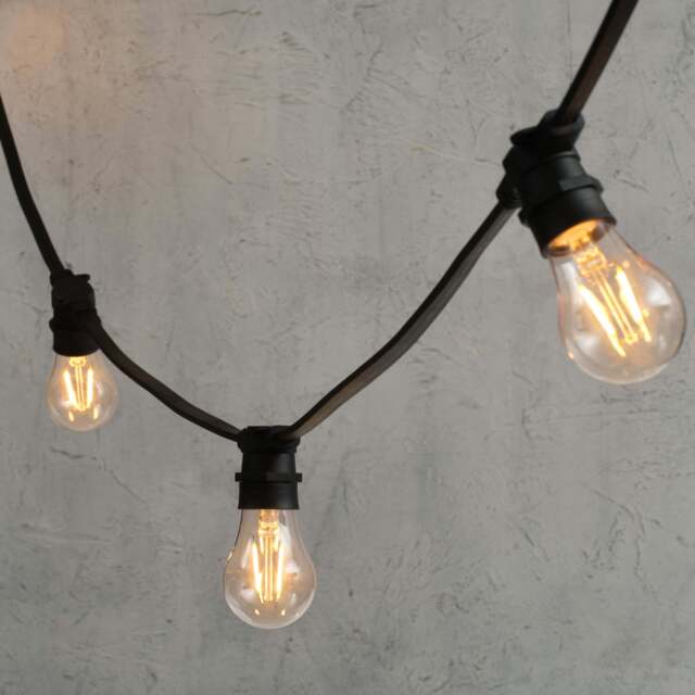 Plus Connect 15m 30 Warm White Connectable Festoon Lights A60 Bulb Clear Cap Black Cable