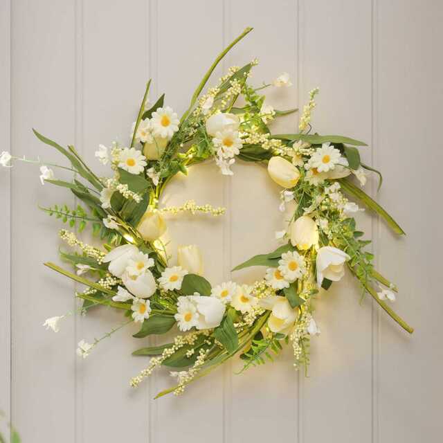 50cm Pre Lit Butter Yellow Tulip & Daisy Wreath - image 1