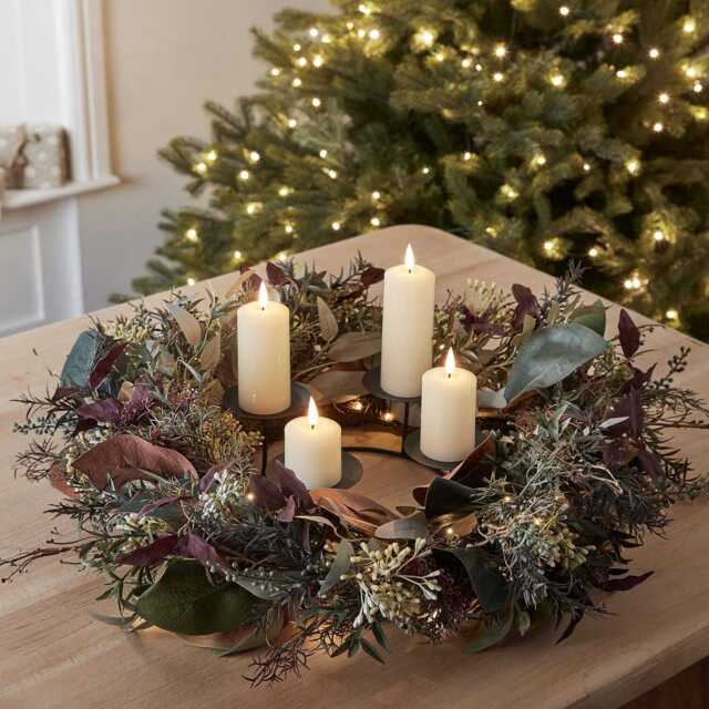 60cm Pre Lit Autumn & Christmas Wreath & Slim TruGlow® LED Candle Decoration - image 1
