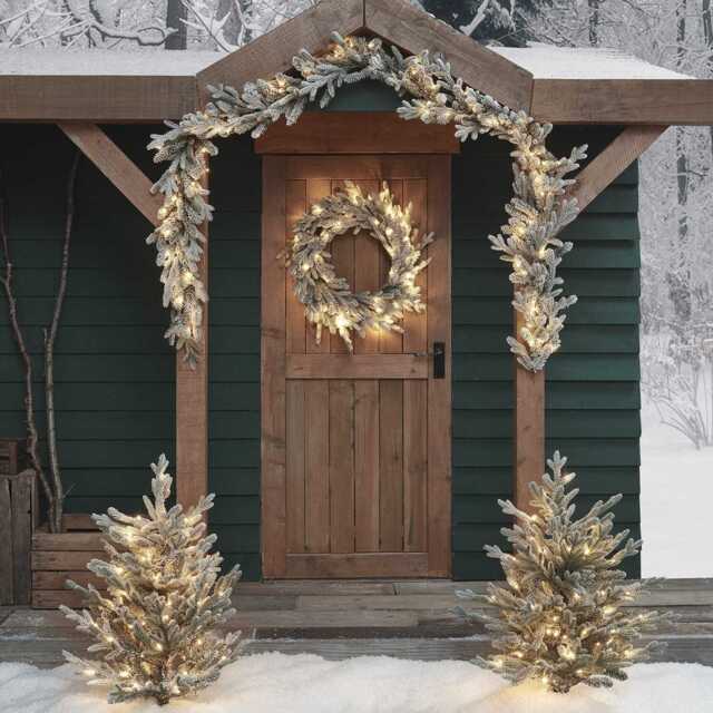 Pre Lit Outdoor Snowy Christmas Wreath, Garland and Trees - image 1