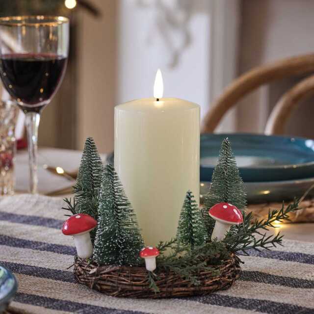 14cm Winter Mushroom and Rattan Candle Holder & Truglow® LED Candle