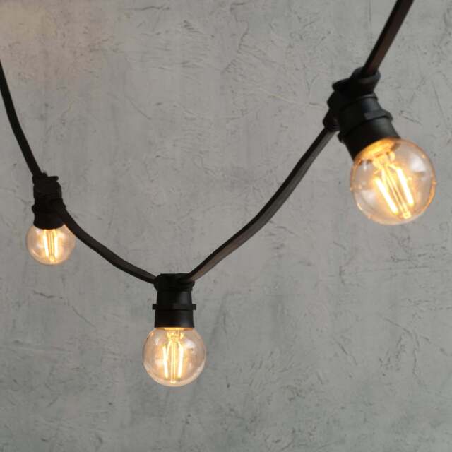 Plus Connect 15m 30 Warm White Connectable Festoon Lights G60 Bulb Clear Cap Black Cable