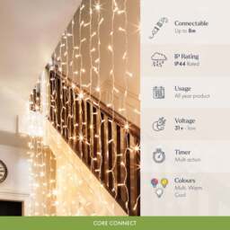 Core Connect 2m x 2m 192 Warm White Connectable Curtain Lights Clear Cable - thumbnail 2