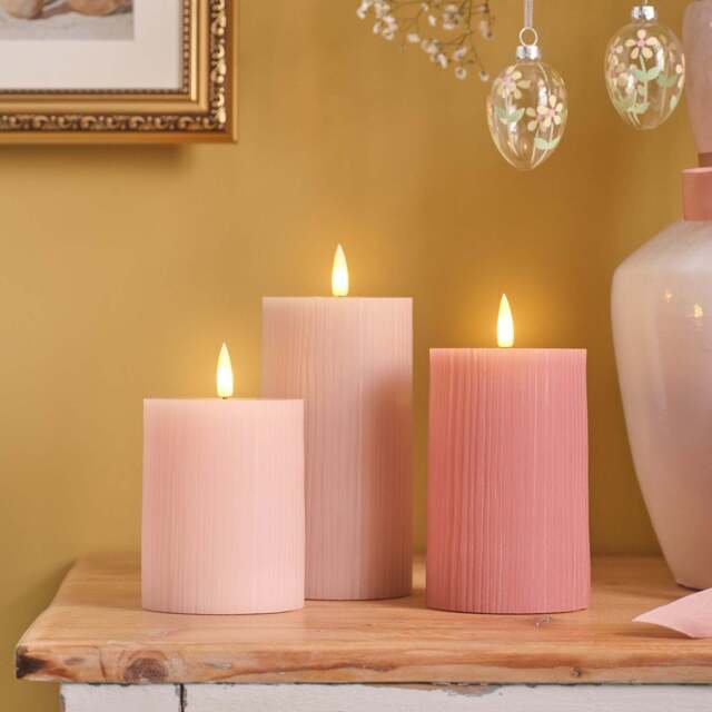 TruGlow® Blush Pink Ribbed LED Pillar Candle Trio - image 1