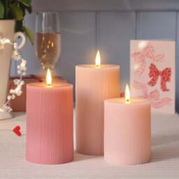 TruGlow® Blush Pink Ribbed LED Pillar Candle Trio - thumbnail 2
