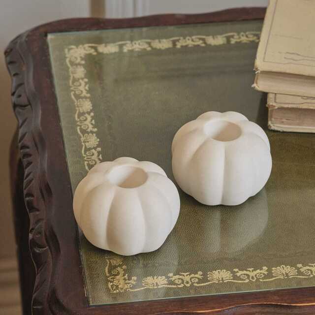 2 Matte White Ceramic Pumpkin Taper Candle Holders - image 1