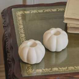 2 Matte White Ceramic Pumpkin Taper Candle Holders